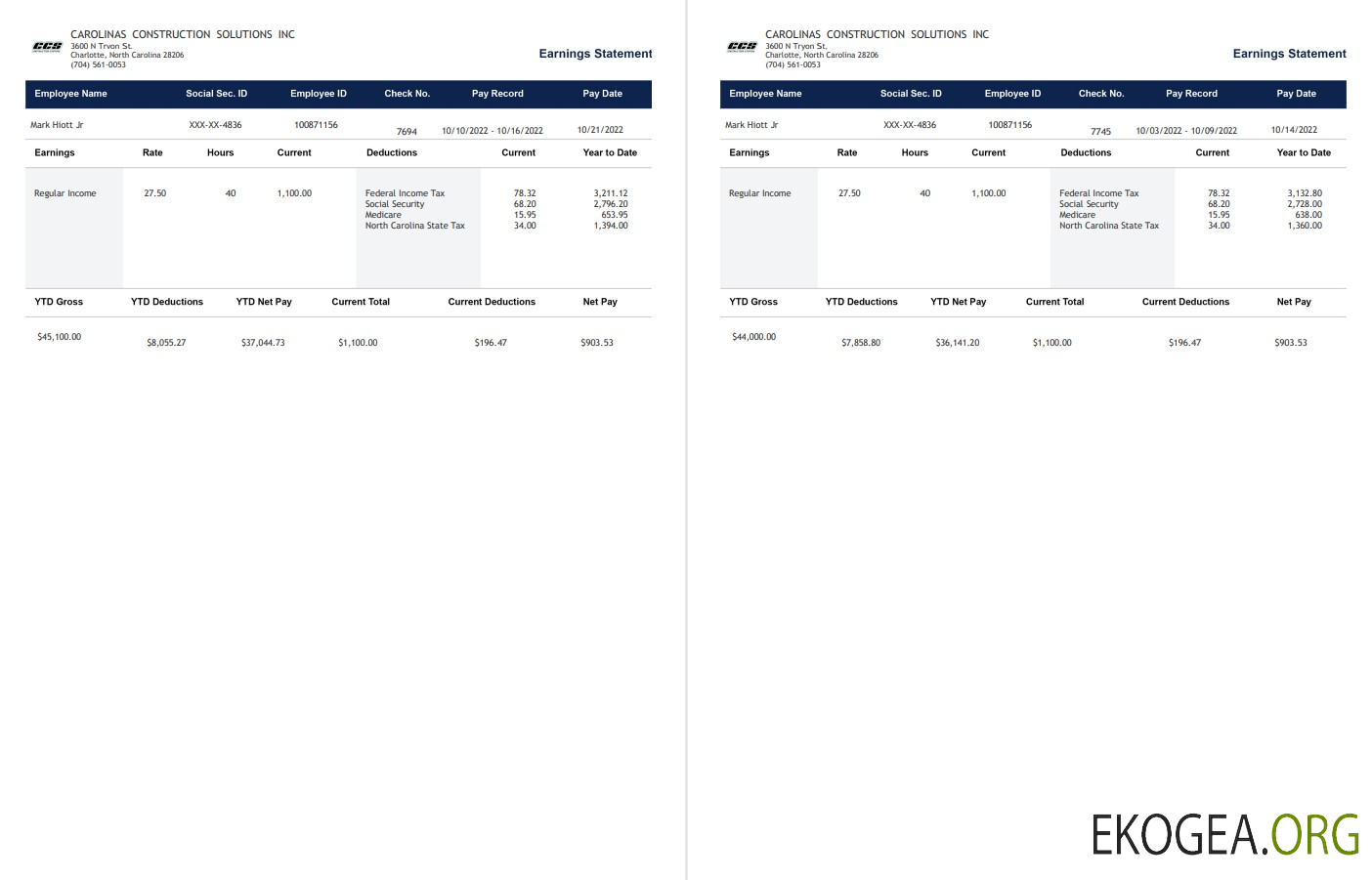 Talon de paie Carolinas Construction Solutions